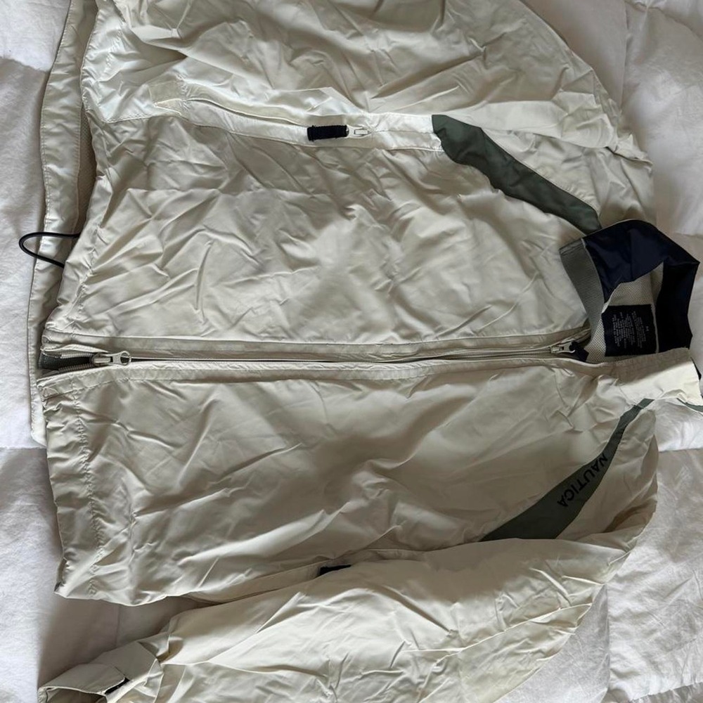 Nautica Mens Cream White Windbreaker Jacket Green Trim Size M